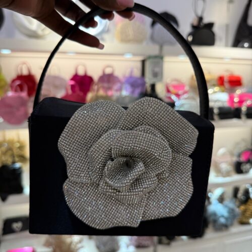 Rhinestone Radiant Rose Embellished Satin Clutch Bag