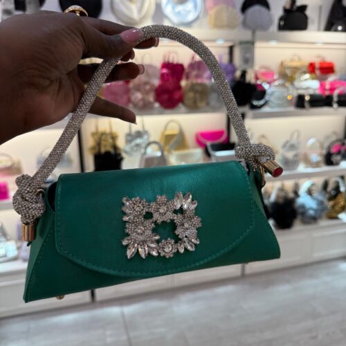 Manolo Blahnik Capri crystal-embellished satin clutch in green