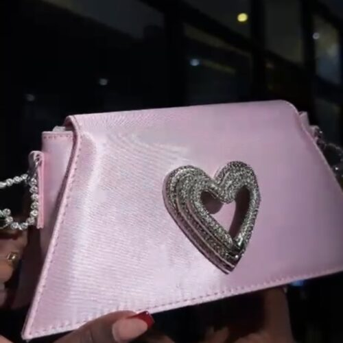 MACH & MACH Samantha mini triple heart top-handle bag in pink satin with crystal hardware.
